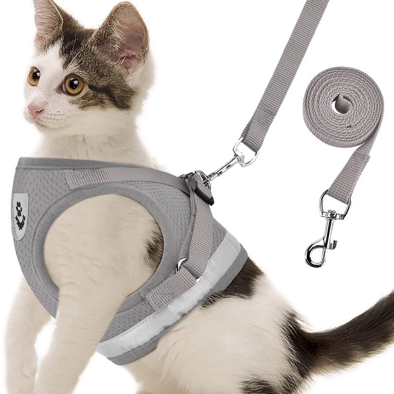Cat Harnesses and Puppy Harness with Leashes Set, Escape Proof Cat Harness, Adjustable Reflective Soft Mesh Vest Fit Puppy Kitten Rabbit Ferrets’s Outdoor Harness M (Chest: 12″ – 14″) Grey