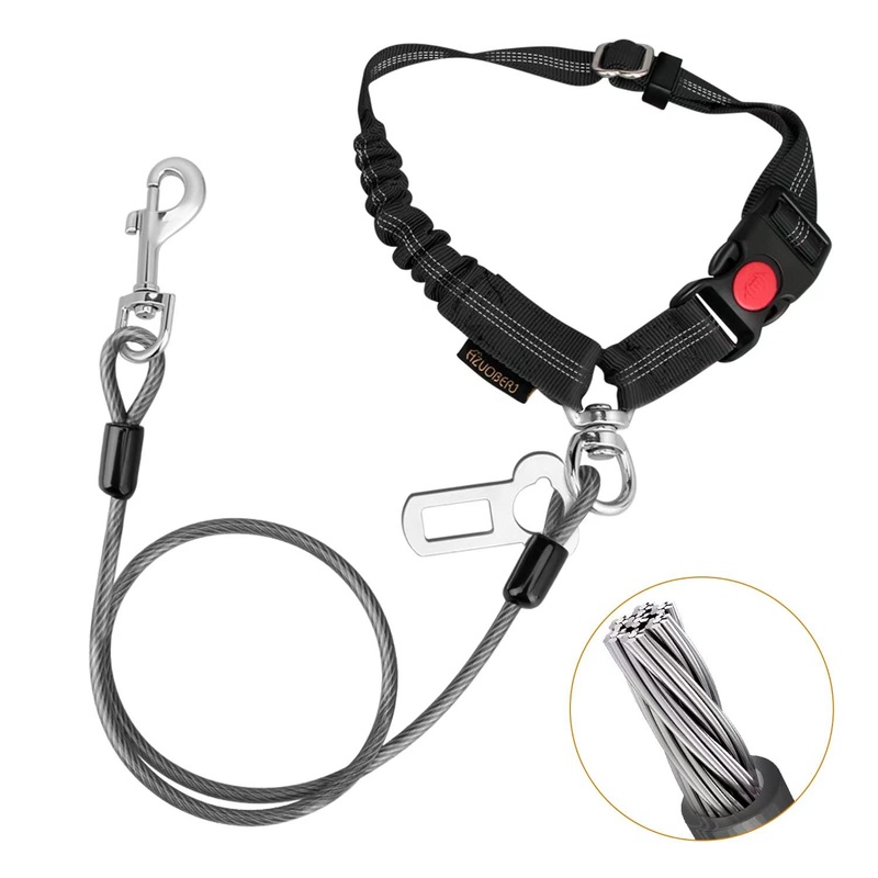 CHZUOBER Chew Proof Dog Car Seat Belt, 2 in 1 Steel Cable Dog Car Accessories Headrest Restraint Dog Car Seatbelt for Medium Large Dogs Chewer Heavy Duty Dog Seatbelts for Cars Swivel Attach Black 1 Pack