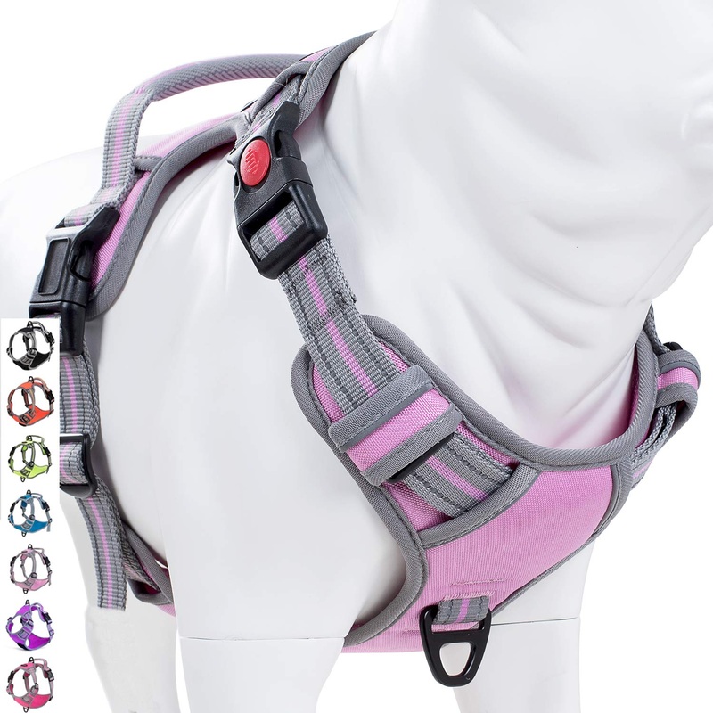 Coohom No Pull Dog Harness with Handle and Two Leash Attachments,Adjustable Outdoor Pet Harness with Reflective Oxford Material for Small Medium Large Dogs L Pink 3 Buckles