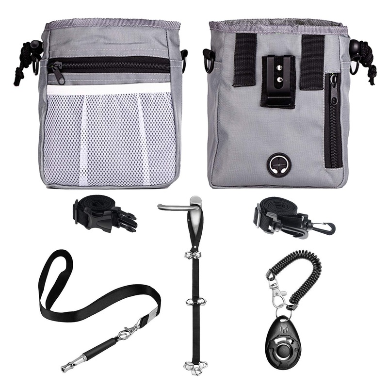 D-BUY 4-in-1 Dog Training Set, Puppy Training Treats- Dog Treat Training Pouch, Dog Whistle, Dog Doorbells, Dog Clicker, Ideal Gift for First Time Pet Owners, Training Dog Owners Grey