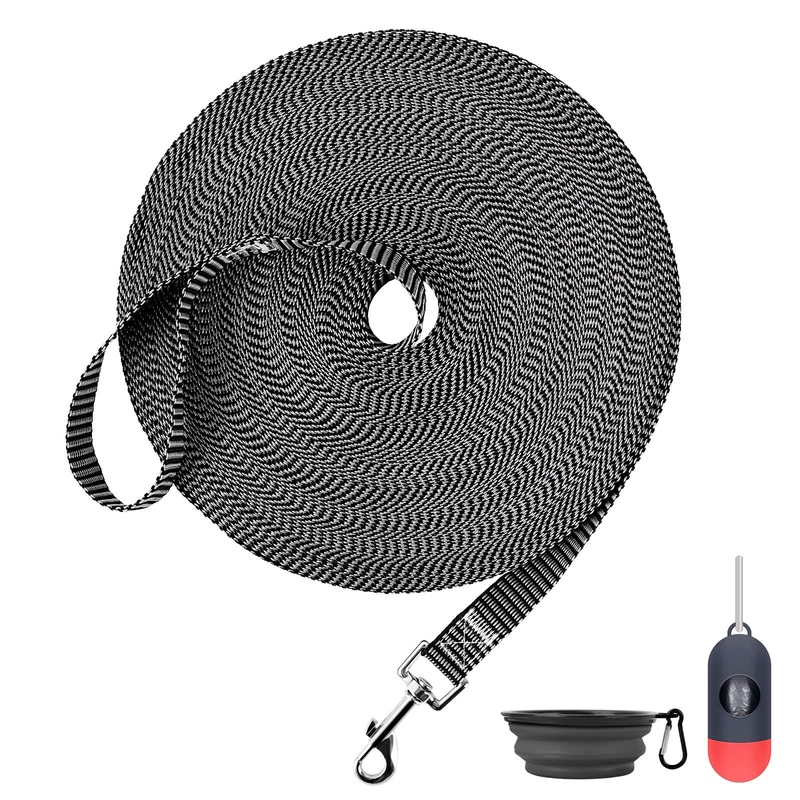 Demigreat Long Leash for Dog Training 20ft 30ft 50ft 100ft – Obedience Recall Training Lead for Large Medium Small Dogs – Great for Training Playing Camping Backyard, with Poop Bags Dispenser&Pet Bowl 30 feet Black_white