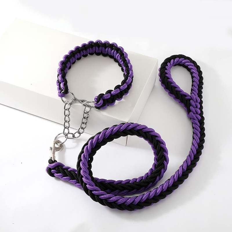 Dog Collar and Leash Set with Heavy Duty Dog Leash, Heavy Duty Rope Braided Dog Training Leash Strong Dog Leash, Durable Nylon Dog Training Leash for Small Medium Large Dogs Large (Pack of 1) Purple