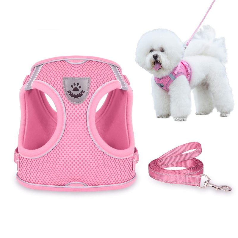 Dog Harness and Leash Set for Walking, Escape Proof Vest Harness with Soft Mesh, Adjustable Velcro, Reflective Strips for Kitten Cats and Puppy Dogs S(Chest:11.8″-13.4″) Pink