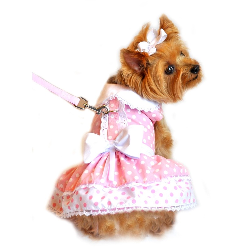 DOGGIE DESIGN Pink Polka Dot and Lace Dog Harness Dress Set Medium