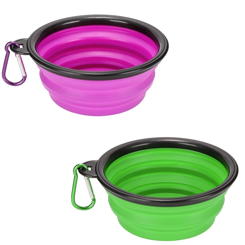Emoly 2 Pack Large Size Collapsible Dog Bowl, Food Grade Silicone BPA Free, with Carabiner Clip Foldable Expandable Cup Dish for Pet Cat Food Water Feeding Portable Travel Bowl (Purple & Green) Purple & Green