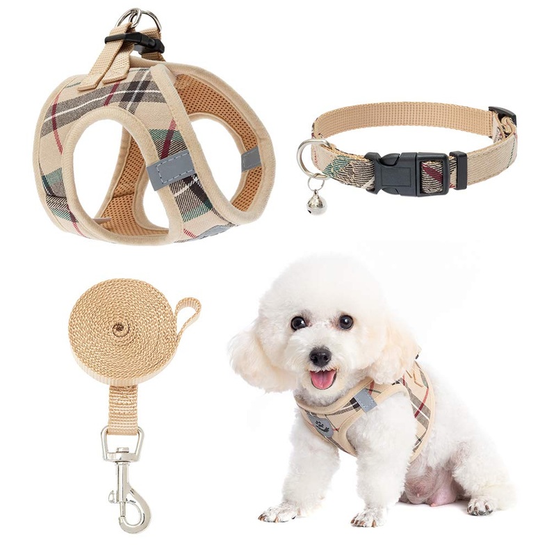 EXPAWLORER Classic Plaid Puppy Harness – Small Dog Collar and Leash – Soft Mesh Padded Adjustable Small Dog Vest Harness No Pull, Reflective Escape Proof for Outdoor Walking Small (3 Count) Khaki