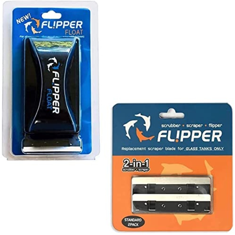 FL!PPER Flipper Cleaner Float – 2-in-1 Floating Magnetic Aquarium Glass Cleaner- Scrubber & Scraper Aquarium Cleaning Tools & Standard Aquarium Scraper Replacement Blades