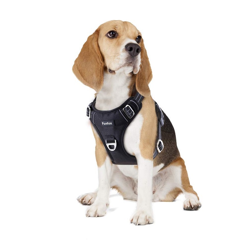 Funfox Dog Harness for Medium Dogs No Pull, Medium Pet Harness with 2 Clips, Adjustable Dog Vest Harness for Walking, Soft Padded Reflective Harness Ergonomic Handle Control Small Medium Puppy Dogs Black
