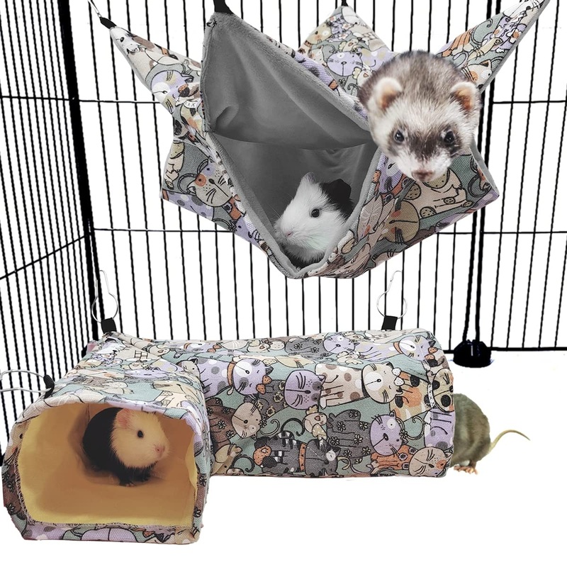 Guinea Pig Ferret Rat Corner Tunnel and Hammock, Guinea Pig Hideout Corner Tunnel & Tubes for Bunny Rabbit Hedgehog Piggy Chinchilla Toys and Cage Accessories 1. Hammock&Tunnel-Cat