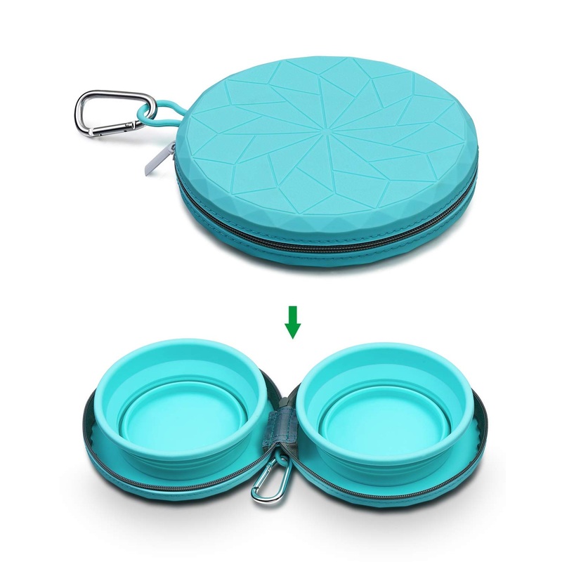 KALLAK Collapsible Silicone Twin Dog Bowls with Zipper Silicone Case, Foldable Travel Dog Bowls, Expandable Cup Dish, No Spill Non-Skid Silicone Pet Food and Water Feeder Bowl with Carabiner Clip