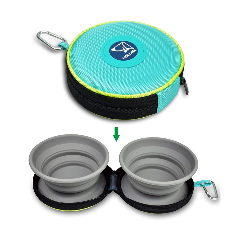 KALLAK Travel Twin Pet Bowls for Dogs or Cats, Collapsible Silicone Bowls for Food and Water Feeding, Anti-Dirty Foldable Zip Up Carry Case with Carabiner Clip, Portable Hiking Dog Bowl – Turq