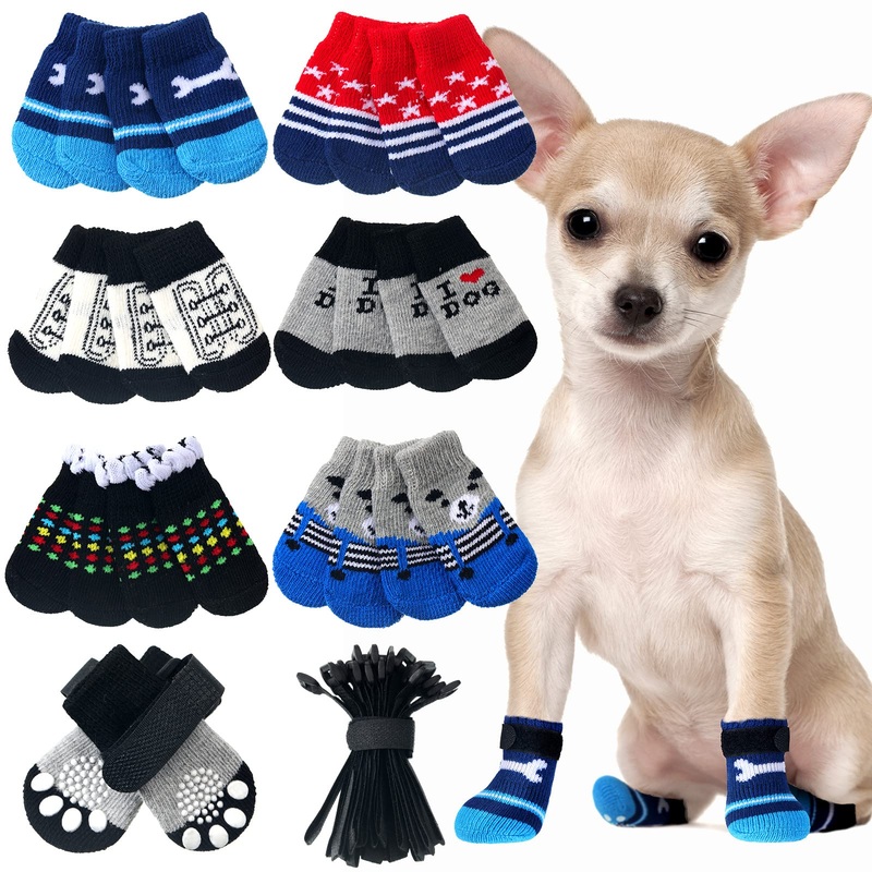 24 Pack Anti Slip Dog Socks Dog Paw Protector with Adjustable Straps Pet Paw Protection Traction Control Dog Grip Socks for Indoor on Hardwood Floor Wear for Puppy Small Medium Dogs
