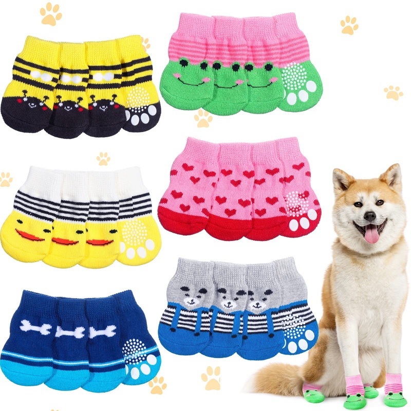 24 Pieces Anti Slip Dog Socks Small Cat Puppy Paw Protector Socks Pet Doggie Socks Grip Knit Socks with Better, Pet Paw Protector Traction for Small Medium Pet Dog Indoor on Hardwood Floor Wear