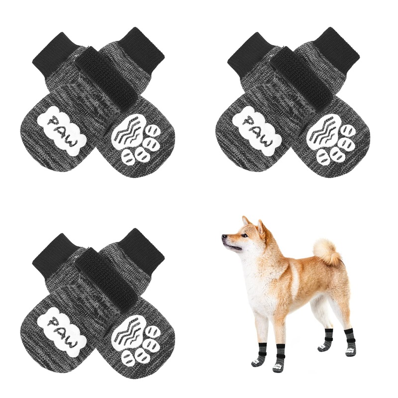 BEAUTYZOO Anti Slip Dog Socks for Small Medium Large Dogs with Grips Straps on Hardwood Floor Protection Wear, Traction Control 3 Pairs Double Side Paw Protector to Prevent Licking for Girl or Boy Grey