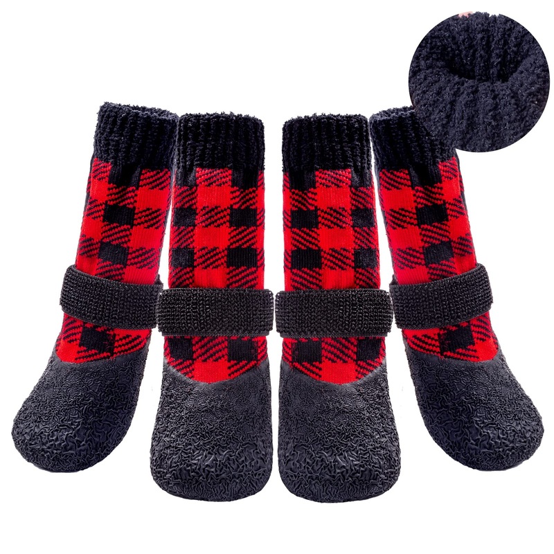 BINGPET Anti-Slip Dog Socks,Waterproof Paw Protectors with Reflective Straps Traction Control for Indoor & Outdoor Wear, 4pcs Red Large
