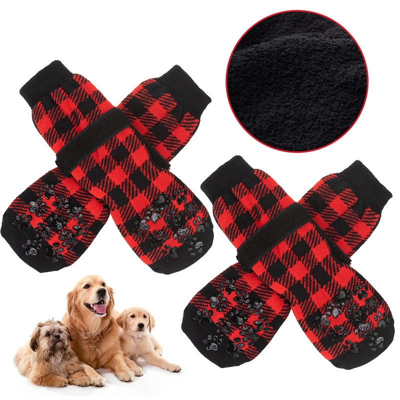 BINGPET Warm Non-Slip Dog Socks for Winter Cold Weather, Classic Plaid Soft Pet Paw Protector with Adjustable Straps and Double-Sided Anti-Slip Paw Patterns, Better Control on Wooden Floor Red Small