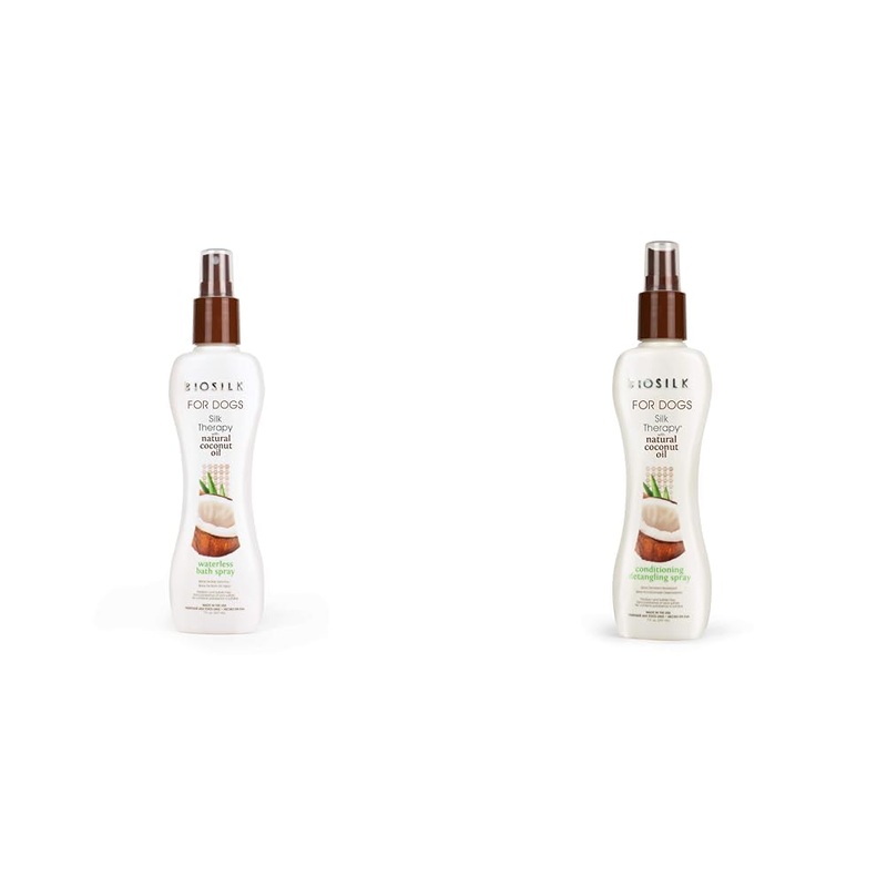 BioSilk Therapy Bundle for Dogs: Silk Therapy Shampoo & Conditioner with Organic Coconut Oil, 7 Fl Oz Each – Waterless Shampoo and Conditioning Detangling Spray for Fresh Coats