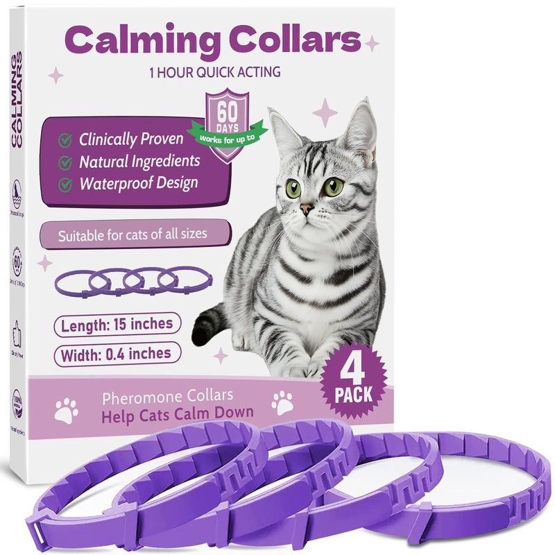 Calming Collar for Cats -4 Pack Soother Cats Calming Collars Anxiety Relief Stress Drug-Free & Lavender-Free -Adjustable for Small, Medium Large Cat -Natural Ingredients Pheromones Rapid Effect Purple