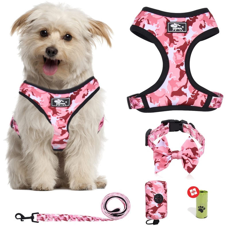 Dog Harness and Leash Set for Small Dogs, Adjustable Reflective No Pull Dog Vest Harness for Puppy with Bow-tie Collar, Leash and Poop Bag Pink M (neck 13″ chest 14.2″-18.8″)