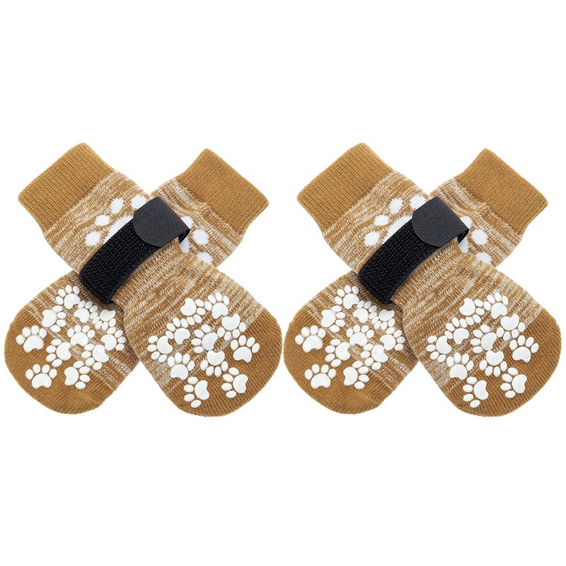 Double Side Anti-Slip Dog Socks 2 Pairs – Adjustable Pet Paw Protector with Strap, Traction Control Non-Skid for Indoor on Hardwood Floor Wear, Paw Protection for Puppy Pets Dogs Khaki Large (4 Count)