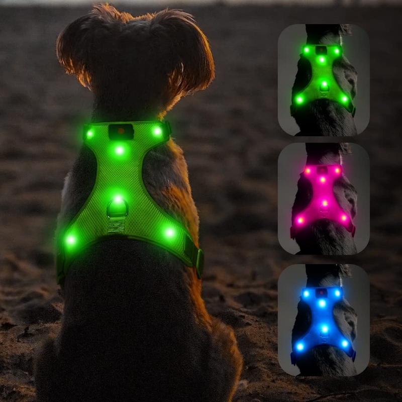 Flashseen LED Dog Harness, Lighted Up USB Rechargeable Pet Harness, Illuminated Reflective Glowing Dog Vest Adjustable Soft Padded No-Pull Suit for Small, Medium, Large Dogs Green