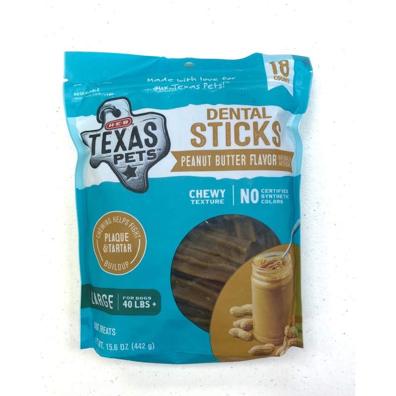 HEB Texas Pets Dental Sticks, Peanut Butter Flavor, Large, 18 Count, 15.6 oz