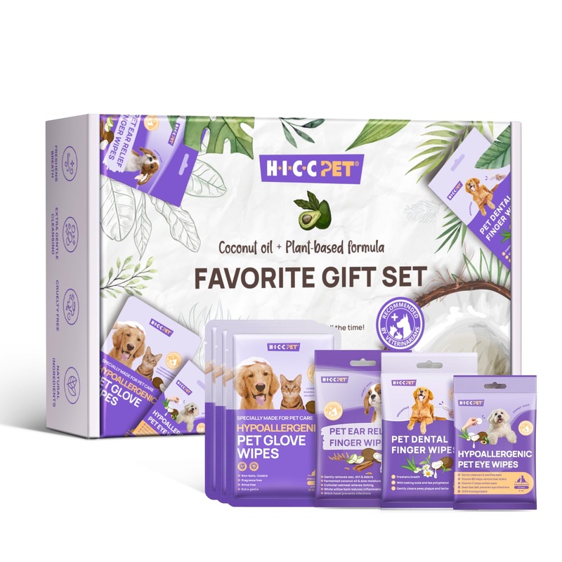 HICC PET Essential Wipes Kit for Dogs & Cats – Hypoallergenic Pet Cleaning Wipes for Teeth, Ears, Eyes, Body – Dog Supplies Cleaning Deodorizing Wipes – Coconut Oil Grooming Wipes for Dogs and Cats Fur Cleaning Kit