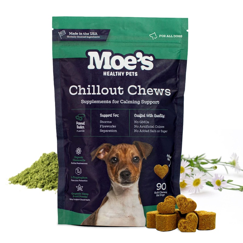 Moes Hemp Calming Chews for Dogs – Helps Aid with Storms, Fireworks, Chewing, Barking, Travel, Stress, Anxiety & Separation Anxiety – Tryptophan + Chamomile – Made in The USA – (Peanut Butter) Peanut Butter