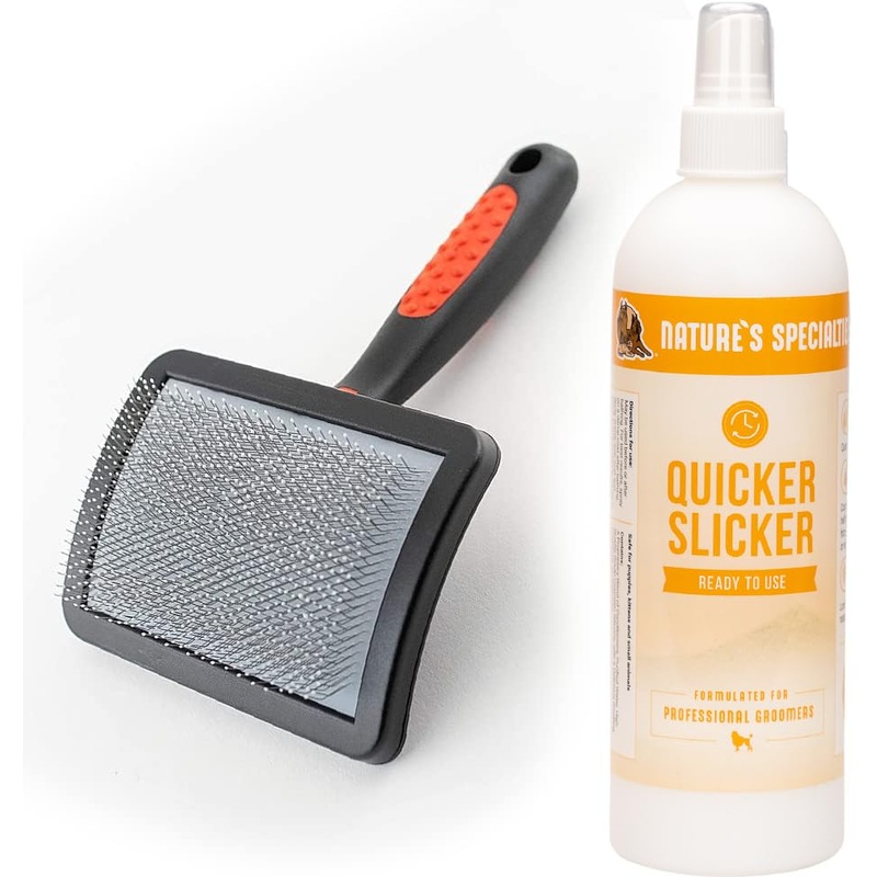 Paw Brothers Grooming Tool and Nature’s Specialties Conditioning Spray Bundle – Soft Coated Pin Curved Slicker Brush, Medium- Quicker Slicker Detangling and Conditioning Spray, Ready to Use, 16 oz