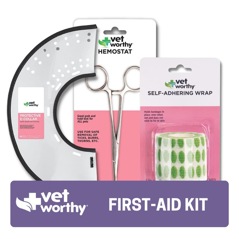 Vet Worthy Dog and Cat First Aid Kit – Pet First Aid Kit for Minor Wounds, Sprains, Excess Hairs, and Cuts with 1 Adjustable Protective Collar, 1 Hemostat, and 1 Self-Adhering Medical Wraps
