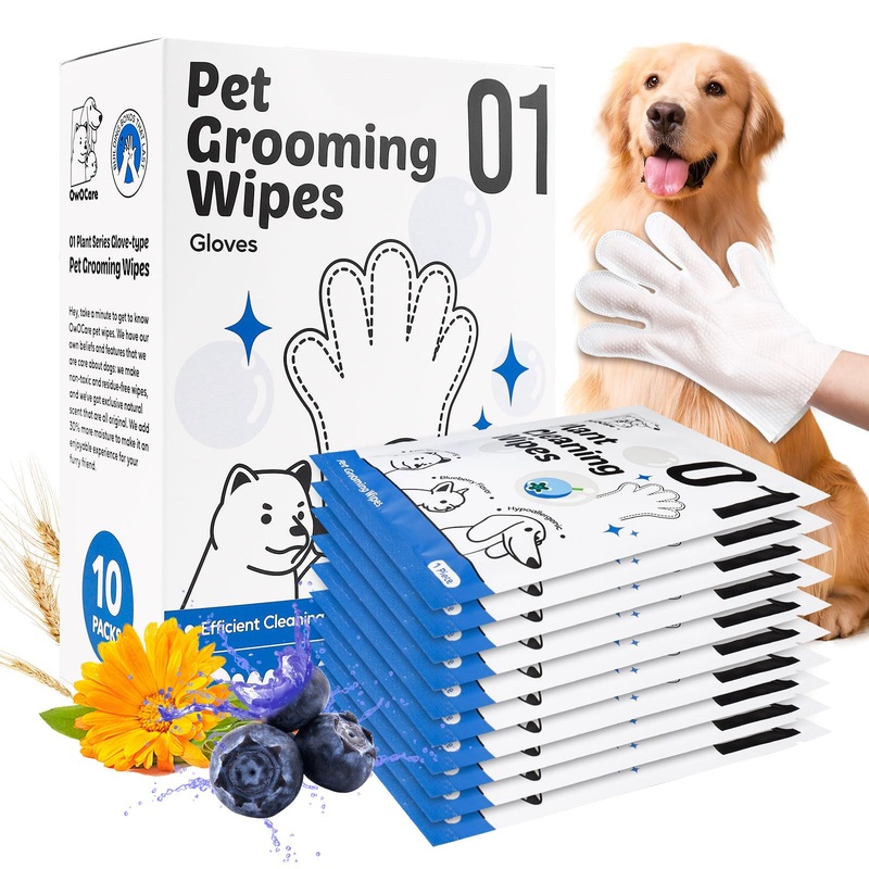10 Pcs Pet Cleaning Glove Wipes for Dogs & Cats, Hypoallergenic Grooming Wipes, Dog Wipes for Paws and Buttocks, Dog Wipes Cleaning Deodorizing Suitable for Pet Dry Cleaning, Daily Care and Travel