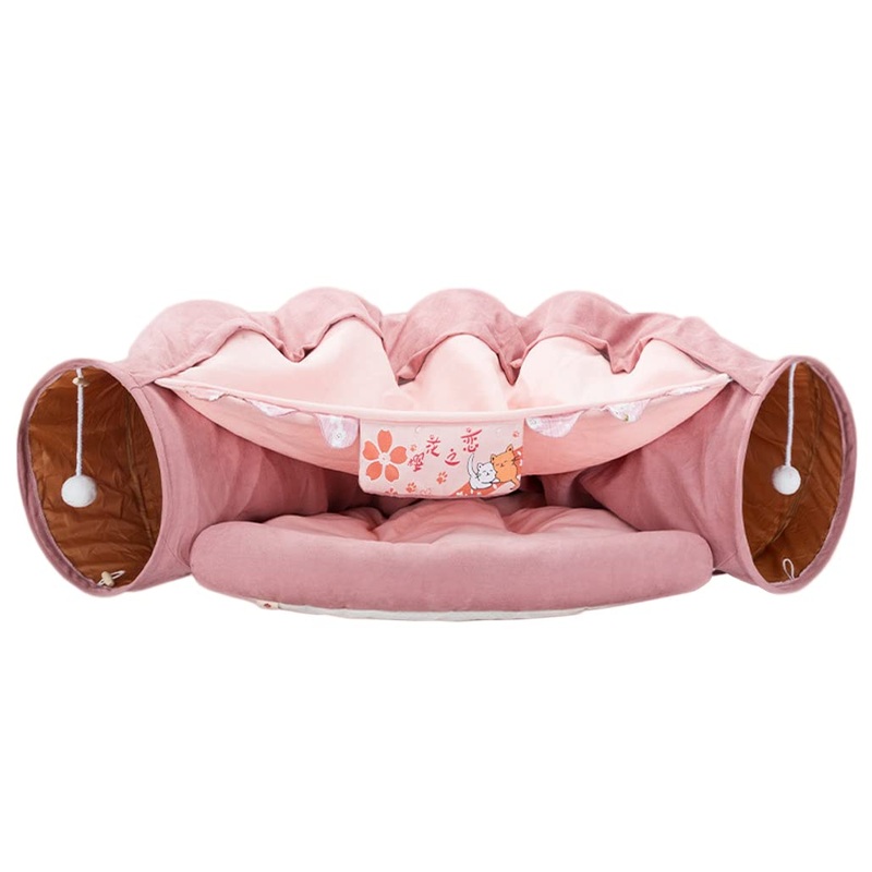 2 in 1 Cat Tunnel Bed Tube with Cushion and Plush Ball Toy Playground Crinkle Collapsible for Large Cats Kittens Kitty Puppy Small Dog Foldable Soft Pet Play Bed Indoor Outdoor- Pink Cat Tunnel Bed