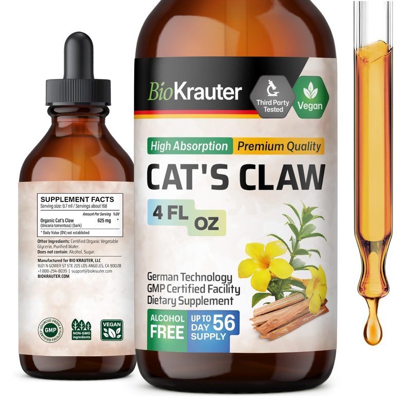 BIO KRAUTER Cats Claw Tincture – Liquid Cats Claw Herb for Immune Support – Alcohol & Sugar Free – Vegan Drops 4 Fl.Oz. 4 Fl Oz (Pack of 1)