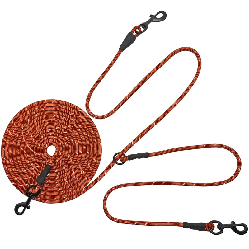 BTINESFUL 12FT 20FT 30FT Reflective Dog Tie Out for 2 Dogs, No Tangle 1/3 Inch Nylon Rope Tether for Two Dogs, Dog Trolley Runner for Yard Outdoor Camping Orange 12 ft x 1/3″