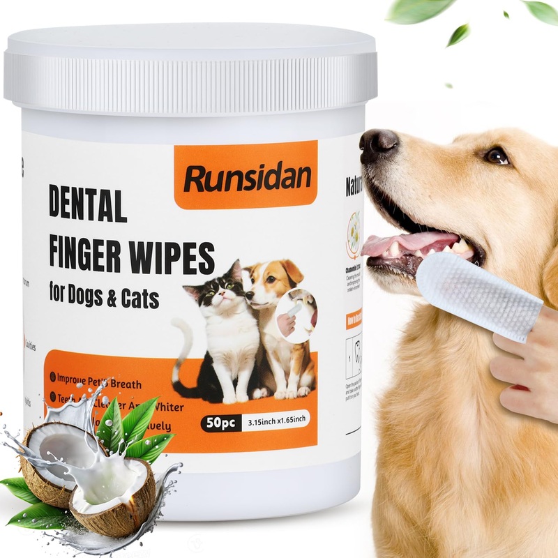 Dog Teeth Cleaning Wipes Kit, Dental Finger Wipes for Dogs Cats, Reduces Plaque Tartar, Freshens Breath for Dogs & Cats, 50 Count