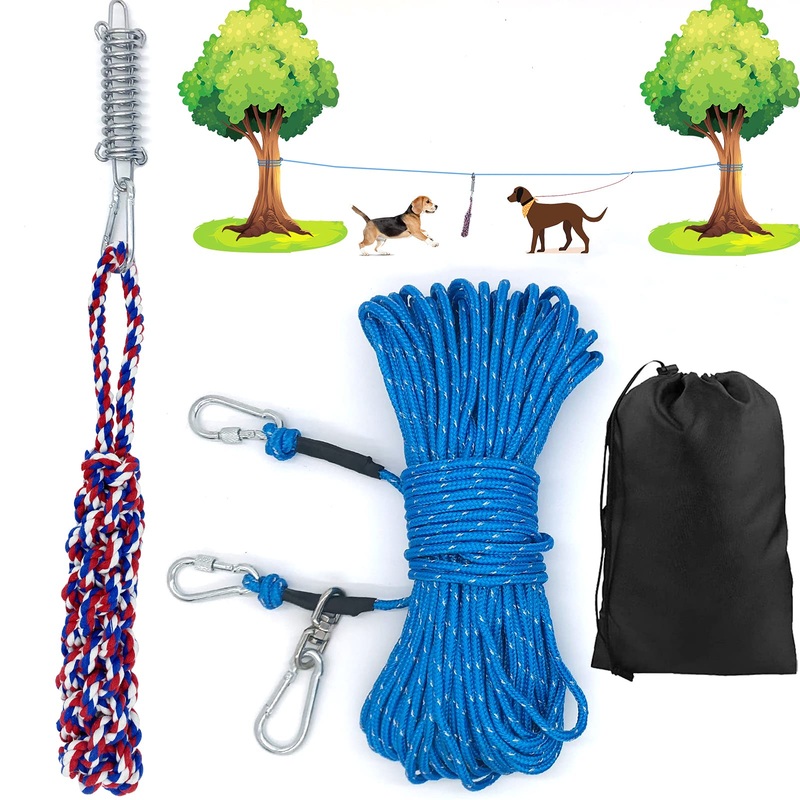 Dog Tie Out Cable for Camping Heavy Duty Overhead Trolley System and Dog Rope Toys with a Big Spring Pole Kit for Dogs up to 200lbs, Portable Reflective Dog Lead Line for Yard, Park and Outdoor 100FT