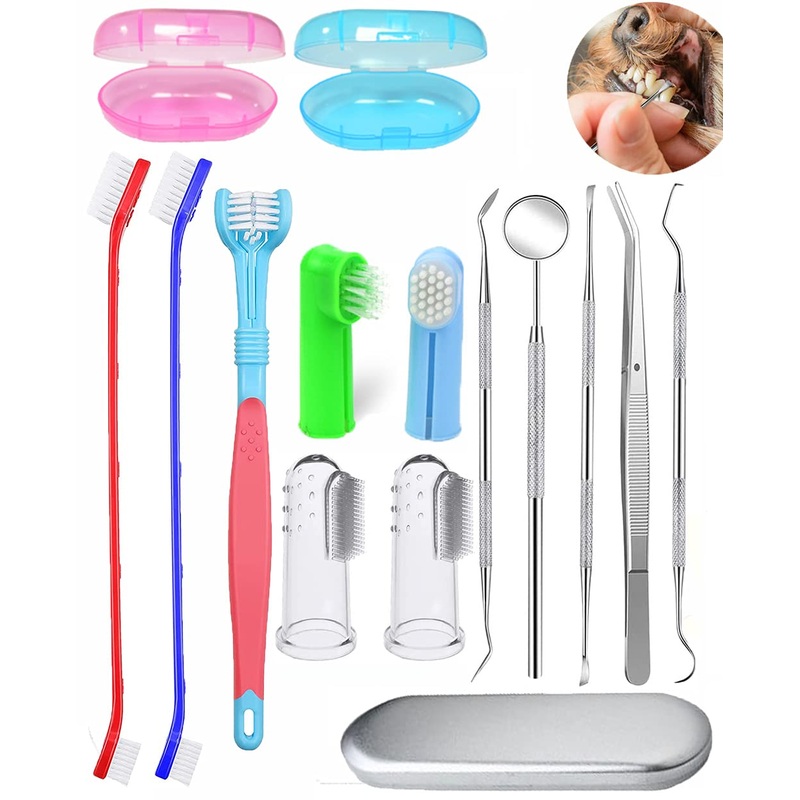 Dog Tooth Brushing Kit,Pet Toothbrush Kit,Professional 3 Sided Dog Toothbrush, Finger Toothbrush,Long Handle Toothbrush,Metal Tools Included,Complete Tooth Cleaning Kit for Pets(15Pcs) 15pcs