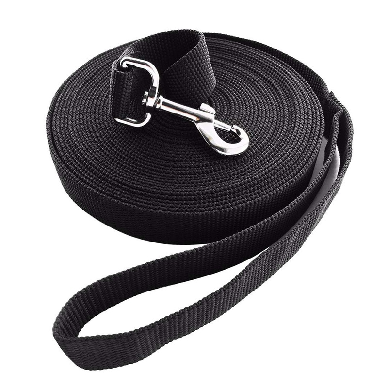 Jeckpat Long Dog Leash Free Range 30 Foot 1Inch Wide Nylon Training Lead Pet Puppy Handles, for Yards 30ft with Stake Medium and Large Dog (Black)