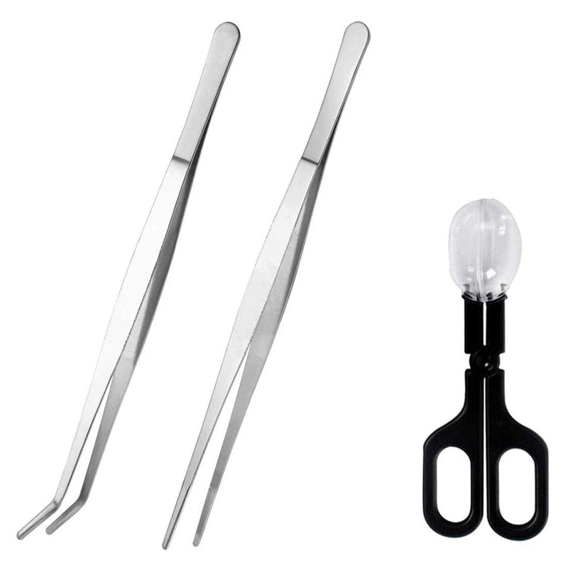 kathson Aquarium Tweezers Extra Long 15 inches, Reptile Feeding Tongs Stainless Steel Straight and Curved Tweezers Cricket Clamp Bug Scooper for Snake Lizard Gecko Spider Bearded Dragon (3 Pcs)