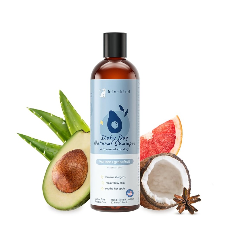 kin+kind Anti-Itch Dog Shampoo for Itchy Skin and Allergies – Safe, Natural Formula with Olive, Coconut, and Avocado Oil – Made in The USA – Great for Dog Grooming and Puppy Supplies (12 fl oz) Tea Tree+Grapefruit