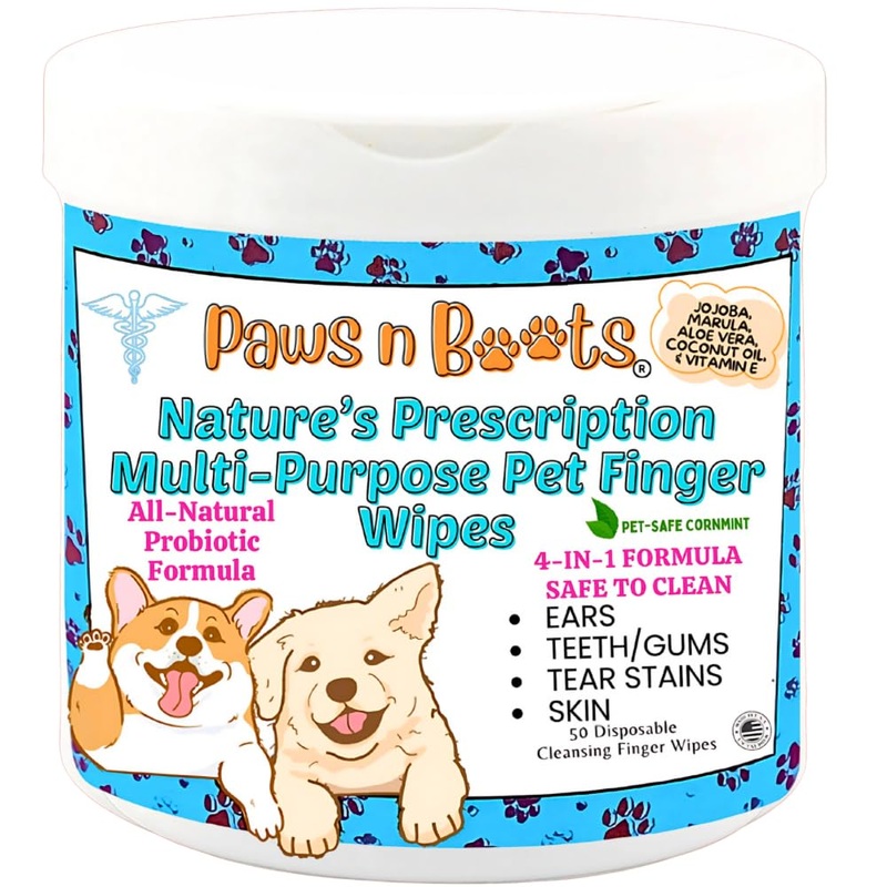 Multi-Purpose All-Natural Pet Finger Wipes, Organic, Safe, Non-Toxic Formulated Pre-Moistened Wipes. Remove Plaque & Whiten Teeth, Clear Ear Wax/Dirt Buildup, Soothe Dry Skin Folds, Remove Tear Stains