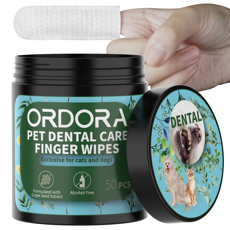 ORDORA PET Teeth Cleaning Wipes for Dogs & Cats, Dog Teeth Cleaning Finger Wipes – Dog Tooth Brushing Kit Dental Wipes – Reduces Plaque & Freshens Breath (50 Pcs) Pet Teeth Wipes