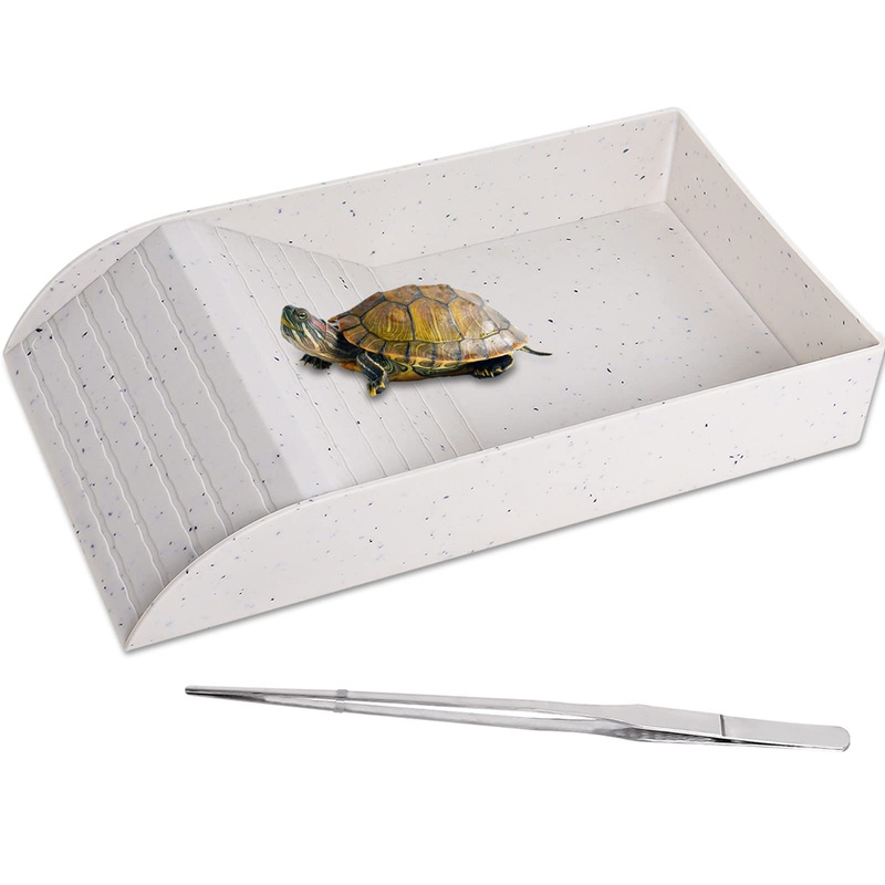 Reptile Feeding Dish with Ramp and Basking Platform Turtle Food Water Bowl Amphibians Habitat Horned Frogs Lizards Fit for Bath, Included 1PC Forcep White