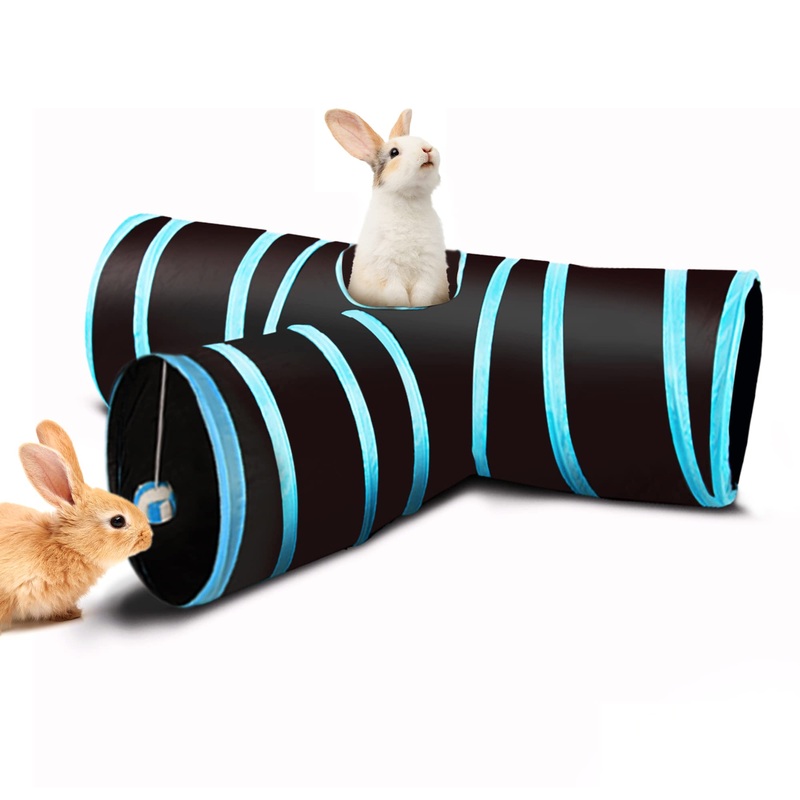 SunGrow 3-Way Ferret & Rabbit Tunnel, Bunny Hideout Activity Tube with Peep Hole and Crinkle Ball, Accessories for Hiding, Resting for Dwarf Rabbits Bunny Kitty Guinea Pig, Turquoise and Black