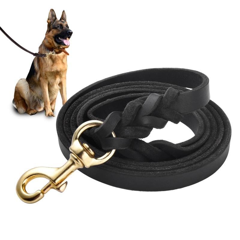 WOPOKY Genuine Leather Dog Leash – Heavy Duty Dog Training Leashes for Large Breed Dogs and Medium Dogs – 4FT / 5FT / 5.6FT Long with Color Black and Brown 4 FT