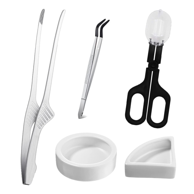 Woyrise 5Pcs Reptile Feeding Set, Long and Wide Handle Rubber Tipped Tweezers Bug Scooper Cricket Tongs Terrarium Worm Feeding Water Dish for Bearded dragon, Lizard Gecko Spider and Snakes