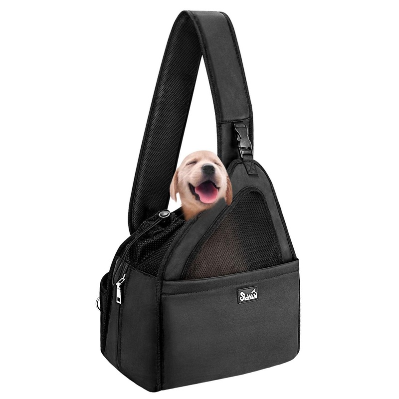 AUTOWT Small Animal Sling, Hands Free Papoose Small Dogs Cats Pet Puppy Travel Carrier Bag Tote Adjustable Padded Strap Breathable Mesh Hard Bottom Support Drawstring Opening Front Pocket Safety Belt For Pet Up to 6 lbs Black