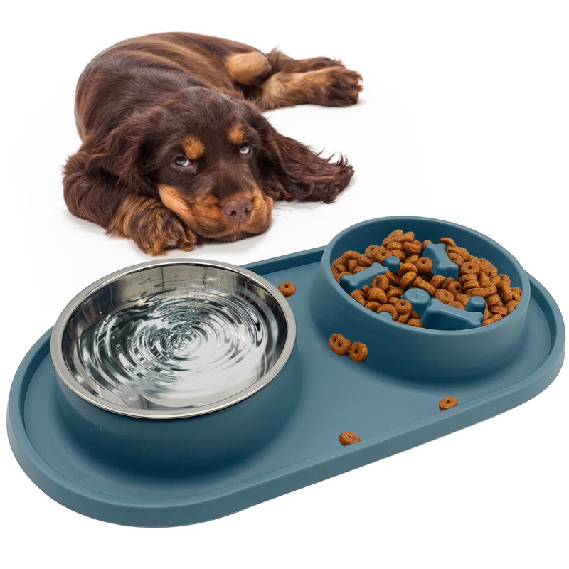 BNOSDM Slow Feeder Dog Bowls Double Puppy Slow Feeder No Spill Non-Skid Silicone Mat Dry Food Slow Eating Bowl Removable Stainless Steel Pet Bowls for Small Medium Dogs Cats Blue