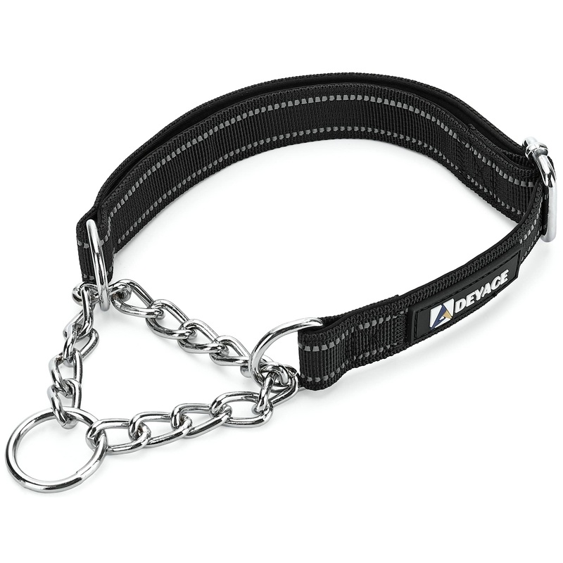 DEYACE Martingale Collar for Dogs with ID-Tag Ring Comfortable Soft Padded Reflective Nylon Adjustable Stainless Steel Chain Collar for Small Medium Large Dogs M / Neck Girth 14″-19″ BLACK