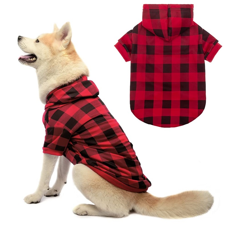 EXPAWLORER Plaid Dog Hoodie Clothes – Warm Soft Dog Sweater Outfit with Hat, Fall and Winter Pet Sweatshirt Clothing with Leash Hole for Small to Large Dogs, Buffalo Check